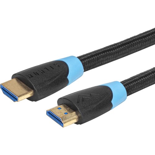 Czarny kabel HDMI z niebieskimi i czarnymi wtyczkami, na których widoczne są napisy "MONTIS". Kabel ma plecioną osłonę i złote końcówki.