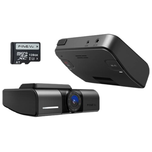 Na zdjęciu widoczny jest wideorejestrator FineVu GX400 1CH QHD oraz karta pamięci FineVu 128GB. Na karcie pamięci znajduje się tekst: "FineVu microSDXC 128GB AT".