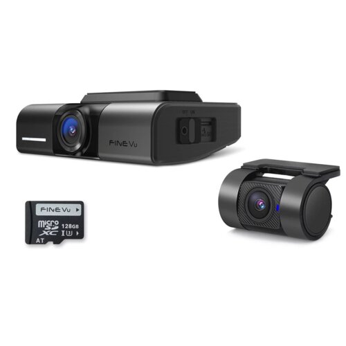 Na zdjęciu widoczny jest zestaw wideorejestratora FINEVU GX1000 Cloud QHD, GPS, WiFi, który obejmuje główną kamerę, kamerę tylną oraz kartę pamięci microSD 128GB. Na karcie pamięci widnieje napis "microSD XC I 128GB AT".
