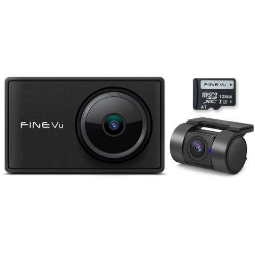 Na zdjęciu znajduje się wideorejestrator z dużym obiektywem i logo "FINEVu" na obudowie, obok niego widoczna jest karta pamięci z napisem "micro SDXC 128GB" oraz dodatkowa kamera tylna.