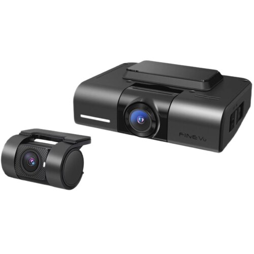 Na zdjęciu widoczny jest wideorejestrator FINEVU GX4K UHD oraz kamera tylna FHD, oba urządzenia mają nowoczesny, czarny design. Na obudowie wideorejestratora znajduje się napis "FINEVu".