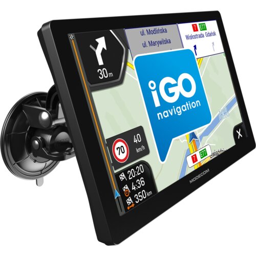 Na zdjęciu widoczna jest nawigacja samochodowa z ekranem wyświetlającym mapę i logo "iGO navigation". Na ekranie znajdują się informacje o prędkości 40 km/h, ograniczeniu do 70 km/h oraz odległości 350 km, a także nazwy ulic: ul. Modlińska i ul. Marywilsk