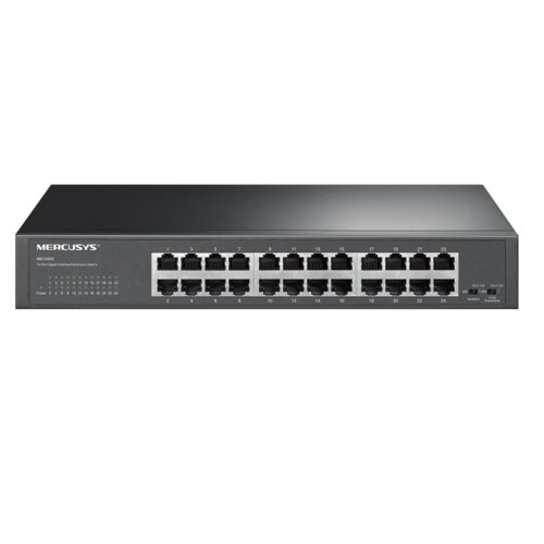 Czarny switch sieciowy MERCUSYS MS120GP z 24 portami Ethernet, z widocznym logo "MERCUSYS" oraz oznaczeniami portów od 1 do 24 na przednim panelu. Na panelu znajdują się także diody sygnalizacyjne oraz napisy "Power" i "PoE Max".