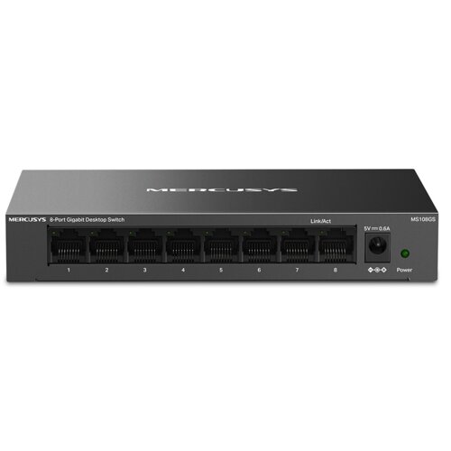 Czarny switch sieciowy z ośmioma portami Ethernet, oznaczonymi numerami od 1 do 8, z widocznymi diodami LED nad każdym portem. Na urządzeniu znajduje się tekst: "MERCUSYS 8-Port Gigabit Desktop Switch" oraz "MS108GS", a także wskaźnik zasilania z napisem 