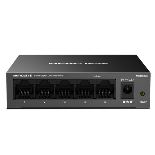Czarny switch sieciowy z pięcioma portami Ethernet oznaczonymi numerami od 1 do 5, z napisem "MERCUSYS 5-Port Gigabit Desktop Switch" oraz wskaźnikami "Link/Act" i "Power". Na urządzeniu widoczne są także oznaczenia "5V == 0.6A" oraz "MS105GS".