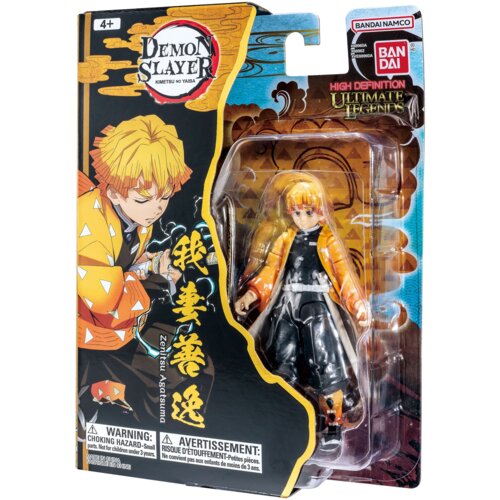 Opakowanie zawiera figurkę postaci z serii "Demon Slayer" o nazwie Zenitsu Agatsuma, z widocznym logo "Bandai Namco" oraz napisami "High Definition Ultimate Legends". Na opakowaniu znajdują się ostrzeżenia: "WARNING: CHOKING HAZARD - Small parts. Not for 