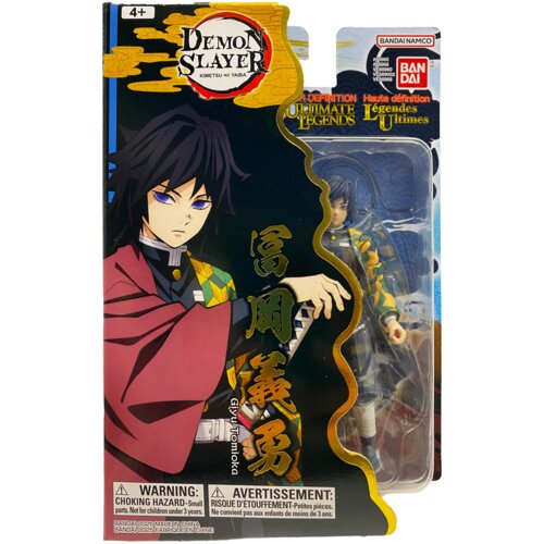 Opakowanie figurki przedstawia postać z serii "Demon Slayer" z dużą ilustracją po lewej stronie oraz przezroczystym okienkiem ukazującym figurkę po prawej. Na opakowaniu widnieją napisy: "Demon Slayer Kimetsu no Yaiba", "Ultimate Legends", "Giyu Tomioka",