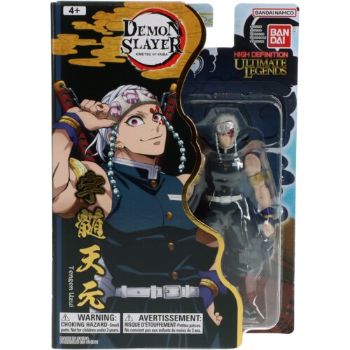 Opakowanie zawiera figurkę postaci z serii "Demon Slayer" oraz ilustrację tej postaci. Na opakowaniu widnieje tekst: "Demon Slayer Kimetsu no Yaiba", "High Definition Ultimate Legends", "Tengen Uzui", "Warning: Choking Hazard - Small parts. Not for childr