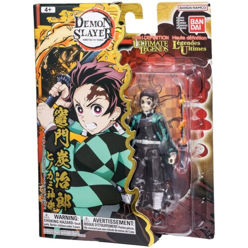 Opakowanie zawiera figurkę postaci z serii "Demon Slayer", z widocznym logo "BANDAI NAMCO" oraz napisami "High Definition Ultimate Legends" i ostrzeżeniem o ryzyku zadławienia. Na opakowaniu znajduje się ilustracja postaci oraz tekst w języku japońskim i 