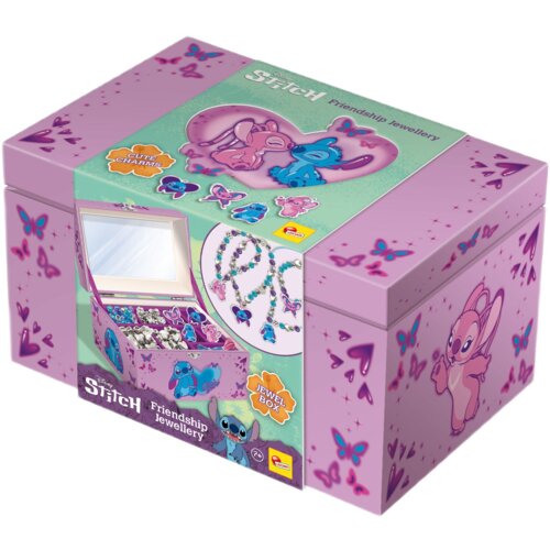 Fioletowe pudełko z motywem motyli i postaci z bajki, zawiera zestaw do robienia biżuterii. Na opakowaniu widnieje napis "Stitch Friendship Jewellery" oraz "Jewel Box", a także logo producenta.