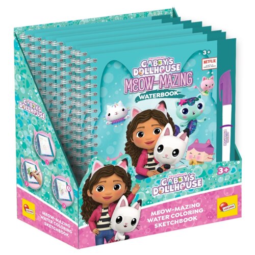 Na zdjęciu znajduje się zestaw kolorowanek "Gabby's Dollhouse Meow-Mazing Waterbook" z wizerunkiem postaci z kreskówki oraz kotów na okładce, obok widoczny jest pisak. Na opakowaniu widnieje logo "Lisciani" oraz oznaczenie wiekowe "3+" i napis "Meow-Mazin