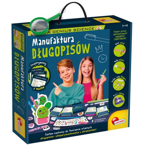 Pudełko zestawu edukacyjnego "Manufaktura Długopisów" marki Lisciani zawiera kolorowe ilustracje, w tym lupę, dwoje dzieci oraz elementy zestawu, takie jak długopisy i karty eksperymentów. Na opakowaniu widnieje tekst: "Zestaw naukowy do tworzenia własnyc