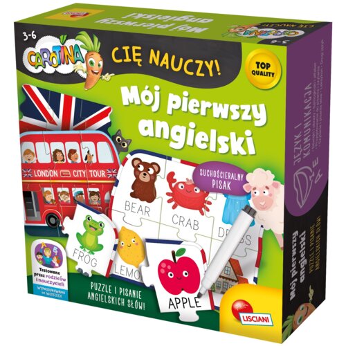 Pudełko zestawu edukacyjnego z napisem "Carotina Cię Nauczy! Mój pierwszy angielski" zawiera ilustracje puzzli z angielskimi słowami, takimi jak "BEAR", "CRAB", "FROG", "LEMON", "APPLE", oraz grafikę autobusu z napisem "London City Tour". Na opakowaniu wi
