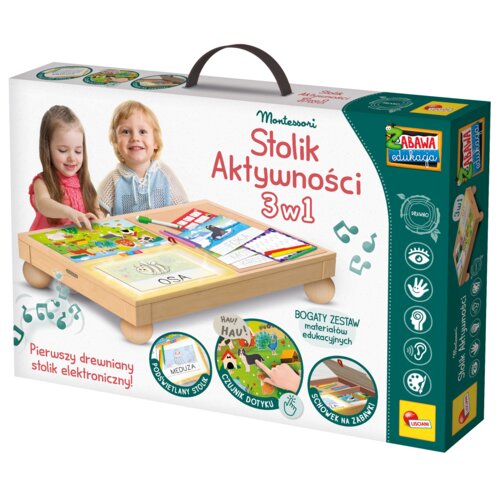 Pudełko z produktem "Stolik Aktywności 3w1" marki Lisciani Montessori, z widocznymi ilustracjami dzieci bawiących się przy stoliku oraz napisami: "Pierwszy drewniany stolik elektroniczny!", "Bogaty zestaw materiałów edukacyjnych", "Podświetlany stolik", "