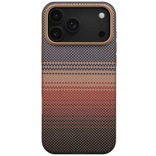 Etui na telefon z widocznym wzorem w poziome pasy w odcieniach granatu, beżu, czerwieni i czerni, z trzema otworami na aparaty oraz jednym na lampę błyskową. Produkt wykonany z materiału o teksturze przypominającej tkaninę.