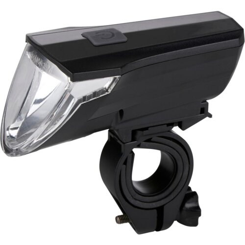 Czarna lampka rowerowa z przezroczystym kloszem i uchwytem montażowym, na górze widoczny przycisk z symbolem włączania. Produkt oznaczony jako "Lampka rowerowa DUNLOP 332352".