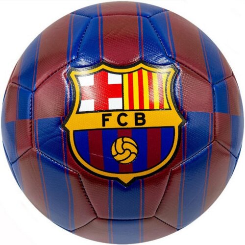 Piłka nożna w kolorach niebieskim i bordowym z widocznym herbem klubu FC Barcelona, zawierającym litery "FCB" oraz piłkę. Na piłce znajdują się pionowe paski w kontrastujących kolorach.