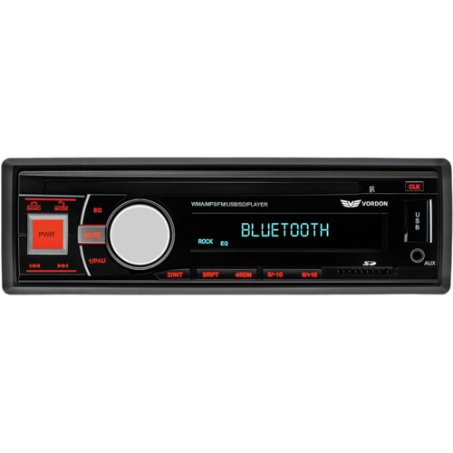 Czarne radio samochodowe z wyświetlaczem pokazującym napis "BLUETOOTH" oraz logo "VORDON". Na panelu znajdują się przyciski z oznaczeniami takimi jak "PWR", "MUTE", "EQ", "USB", "AUX" oraz różne przyciski numeryczne.