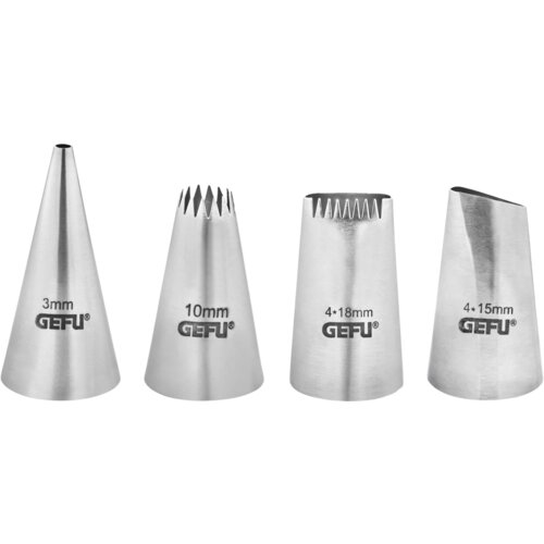Na zdjęciu widoczne są cztery metalowe końcówki do dekoracji, każda z oznaczeniem rozmiaru i logo "GEFU". Rozmiary to odpowiednio: 3 mm, 10 mm, 4+18 mm, 4+15 mm.
