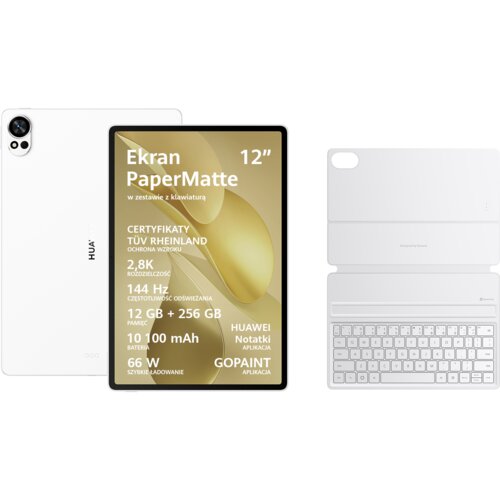 Na zdjęciu znajduje się biały tablet z widocznym ekranem, na którym wyświetlane są informacje: "Ekran PaperMatte 12" w zestawie z klawiaturą, CERTYFIKATY TÜV RHEINLAND OCHRONA WZROKU, 2,8K ROZDZIELCZOŚĆ, 144 Hz CZĘSTOTLIWOŚĆ ODŚWIEŻANIA, 12 GB + 256 GB PA