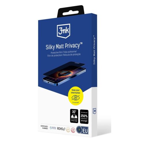 Opakowanie produktu "Folia ochronna 3MK Silky Matt Privacy do Xiaomi 15T 5G" w kolorze niebieskim z białym logo 3mk na górze. Na opakowaniu widnieje napis "Silky Matt Privacy™" oraz informacje o kącie prywatności 30° i wytrzymałości zwiększonej o 250%, a także żółty okrąg z napisem "Keep your information to yourself" i ikoną oka.