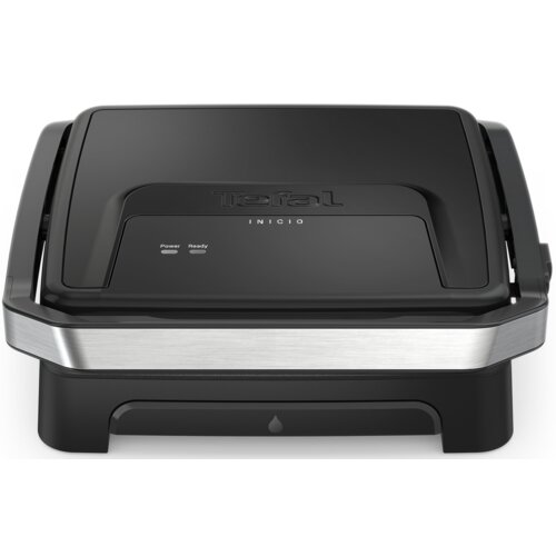 Czarny grill elektryczny z metalicznymi akcentami, na pokrywie widoczne jest logo "Tefal" oraz napis "INICIO". Na panelu znajdują się wskaźniki "Power" i "Ready".