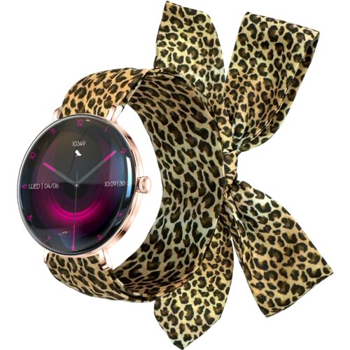 Smartwatch w kolorze różowego złota z wyświetlaczem pokazującym godzinę 10:09 i datę 04/06, z opaską w panterkę zawiązaną w kokardę. Na tarczy widoczny jest napis "10349" oraz ikona ptaka.