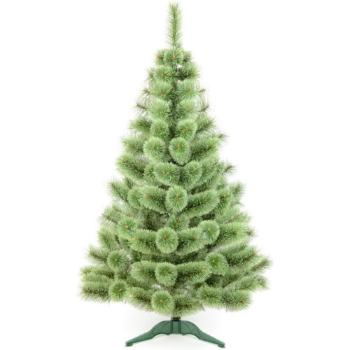 Sztuczna choinka o wysokości 200 cm z gęstymi, zielonymi gałązkami, umieszczona na zielonej podstawie. Produkt oznaczony jako "Choinka SASKA GARDEN Klara 589478".