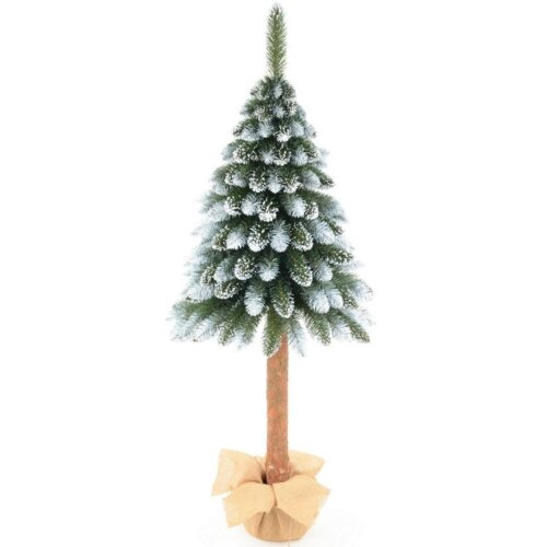 Sztuczna choinka na pniu, o wysokości 100 cm, z gęstymi gałązkami pokrytymi imitacją śniegu, umieszczona w podstawie owiniętej jutowym materiałem. Produkt to "Choinka na pniu SASKA GARDEN 100 cm Jodła diamentowa".