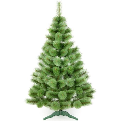 Sztuczna choinka o wysokości 200 cm z gęstymi, zielonymi gałązkami, umieszczona na zielonej podstawce. Produkt to "Choinka SASKA GARDEN Klara 589461".