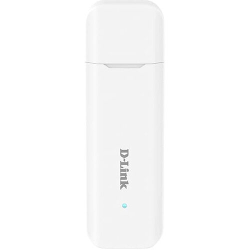 Biały modem USB z logo "D-Link" na środku obudowy oraz małą, niebieską diodą poniżej. Urządzenie ma prostokątny kształt z zaokrąglonymi krawędziami.