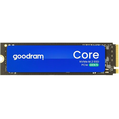 Na zdjęciu widoczny jest dysk SSD z niebieską etykietą, na której znajduje się biały napis "goodram Core" oraz mniejsze napisy "NVMe M.2 SSD PCIe GEN 5". Dysk ma prostokątny kształt z widocznymi elementami elektronicznymi na czarnym tle.