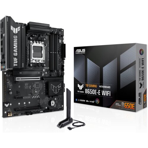 Na zdjęciu widoczna jest płyta główna z oznaczeniem "TUF GAMING" oraz pudełko z napisem "ASUS TUF Gaming B650E-E WiFi". Obok znajduje się antena z kablem, a na pudełku widnieją logotypy i napisy, takie jak "ASUS", "B650E", "HDMI", "dts", "WiFi 6E", "Aura 