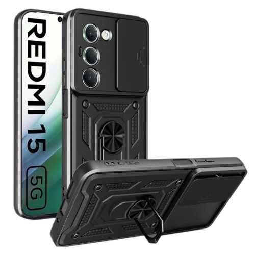 Na zdjęciu znajduje się czarne etui TECH-PROTECT Camshield Pro do Xiaomi Redmi 15 4G/5G, z widocznym napisem "REDMI 15 5G" na ekranie telefonu. Etui ma wbudowaną osłonę na aparat oraz stojak, a na jego powierzchni widoczne są detale konstrukcyjne i logo "