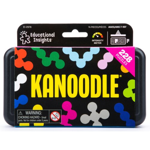 Czarne opakowanie gry logicznej z kolorowymi kształtami i dużym żółtym napisem "KANOODLE" na środku. W górnej części widnieje logo "Educational Insights", a w dolnej ostrzeżenie: "WARNING: CHOKING HAZARD - Small parts. Not for children under 3 years." ora