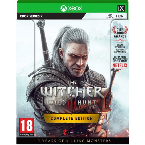 Okładka gry "The Witcher 3: Wild Hunt - Complete Edition" na konsolę Xbox Series X przedstawia postać z białymi włosami i mieczem, z tekstem "OVER 1000 AWARDS" oraz "EXTRA ITEMS INSPIRED BY THE NETFLIX SERIES" po prawej stronie. Na dole widnieje napis "10
