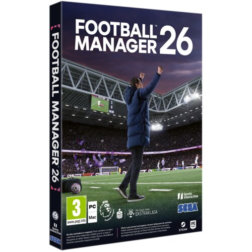 Pudełko gry "Football Manager 26" na PC i Mac z widocznym stadionem piłkarskim w tle oraz postacią trenera z uniesionymi rękami. Na dole znajdują się loga PEGI 3, Premier League, Ekstraklasa, SEGA, Sports Interactive oraz platformy Steam i Epic Games.