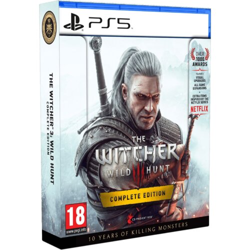 Okładka gry "The Witcher 3: Wild Hunt - Complete Edition" na PS5 przedstawia postać w zbroi z mieczem, z tekstem "Complete Edition" na żółtym tle. Widoczne są także informacje o nagrodach, logo CD Projekt Red oraz oznaczenie wiekowe 18+.