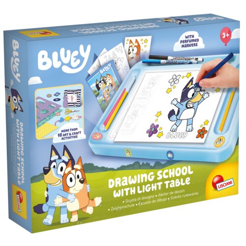 Pudełko zestawu kreatywnego "LISCIANI Tablica do rysowania Bluey 304-110681" przedstawia niebieską tablicę do rysowania z kolorowymi markerami i rysunkiem postaci z kreskówki Bluey. Na opakowaniu widnieje napis "Drawing School with Light Table" oraz logo 