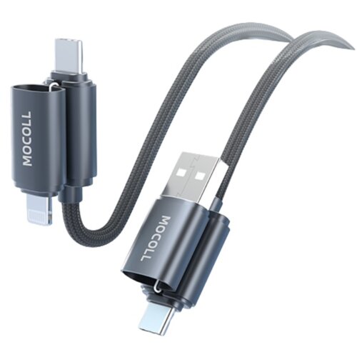 Na zdjęciu widoczny jest szary kabel z czterema różnymi końcówkami: USB, USB-C, USB-C i Lightning, z plecionym oplotem. Na obudowach końcówek znajduje się napis "MOCOLL".