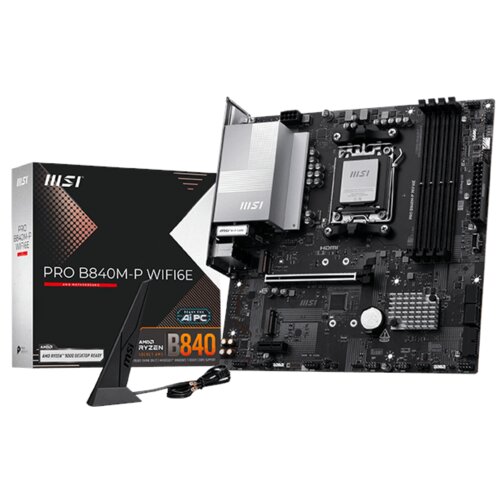 Płyta główna MSI Pro B840M-P WiFi 6E jest przedstawiona obok pudełka z napisem "PRO B840M-P WIFI 6E" oraz "AMD Ryzen 5000 Series Desktop Ready". Na zdjęciu widoczna jest także antena WiFi oraz logo MSI.
