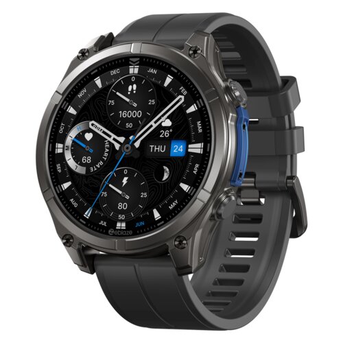 Czarny smartwatch z okrągłą tarczą, na której widoczne są różne wskaźniki, takie jak kroki, tętno, data "THU 24", temperatura "26°C" oraz logo "zeblaze" na dole. Pasek zegarka jest wykonany z ciemnego materiału z zapięciem.