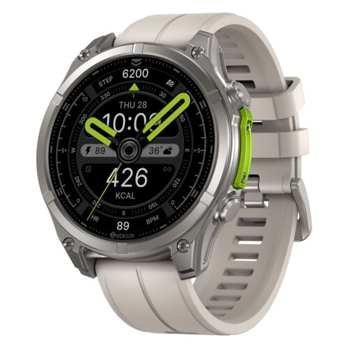 Szary smartwatch z okrągłą tarczą, na której widoczny jest czas 10:04, data "THU 28", liczba kroków "6200", spalone kalorie "426 KCAL", oraz inne wskaźniki jak "HR 89 BPM". Na tarczy znajduje się logo "zeblaze".