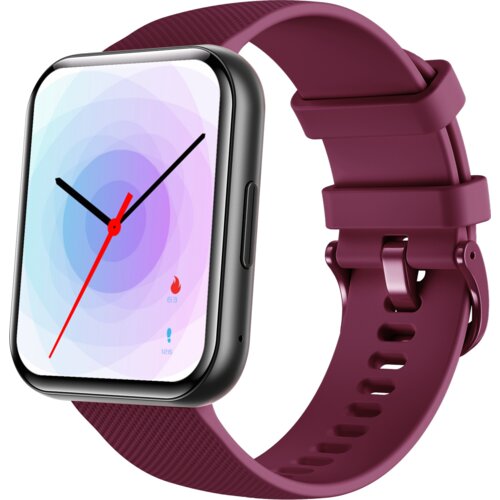Bordowy smartwatch z prostokątnym wyświetlaczem, na którym widoczna jest tarcza zegara z czarnymi wskazówkami i czerwoną sekundową, oraz ikony z liczbami 63 i 126. Pasek zegarka ma teksturowaną powierzchnię i metalowe zapięcie.