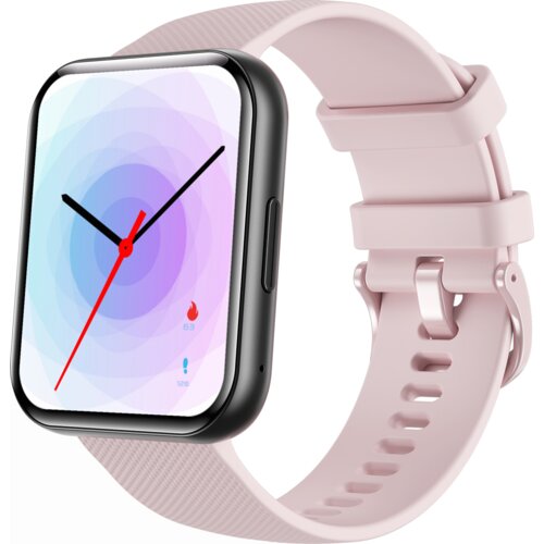 Na zdjęciu widoczny jest smartwatch z różowym paskiem i czarną kopertą, z wyświetlaczem pokazującym tarczę zegara z czerwonym i czarnym wskazówkami na tle gradientu w odcieniach fioletu i błękitu. Na ekranie znajdują się również ikony z cyframi: płomień z