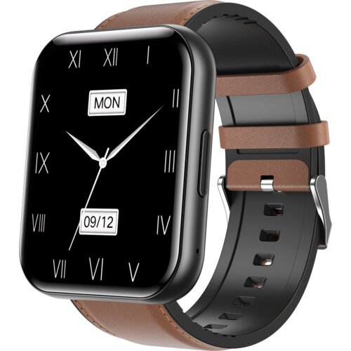 Smartwatch z brązowo-czarnym paskiem i prostokątną tarczą wyświetla czas z rzymskimi cyframi, dzień tygodnia "MON" oraz datę "09/12". Tarcza jest czarna z białymi wskazówkami i oznaczeniami.