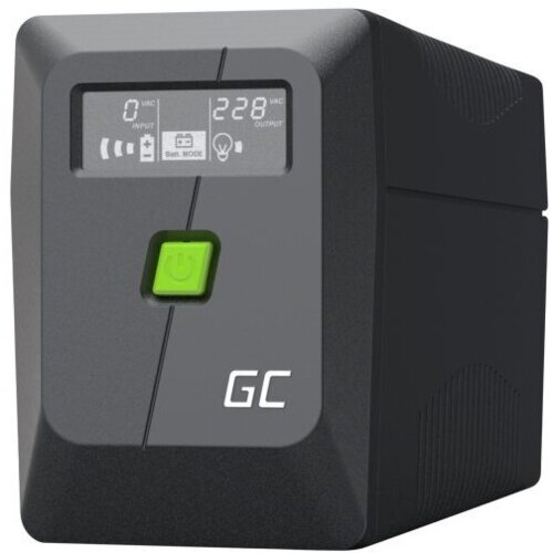 Na zdjęciu znajduje się zasilacz UPS w kolorze czarnym z wyświetlaczem pokazującym wartości "0 VAC INPUT" i "228 VAC OUTPUT". Na obudowie widoczne jest logo "GC" oraz zielony przycisk z symbolem włączania.