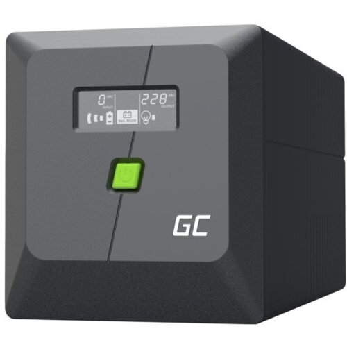 Czarny zasilacz UPS z wyświetlaczem pokazującym wartości "0 VAC INPUT" i "1228 VAC OUTPUT", poniżej znajduje się zielony przycisk zasilania. W prawym dolnym rogu widoczne jest logo "GC".