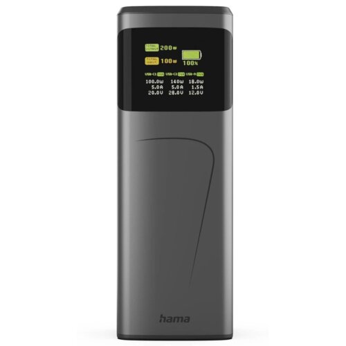 Szary powerbank z wyświetlaczem pokazującym informacje: "TOTAL OUTPUT 200W", "TOTAL INPUT 100W", "100%", oraz specyfikacje portów USB-C i USB-A. Na dole obudowy widoczne jest logo "hama".