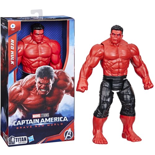 Pudełko z figurką przedstawia postać Czerwonego Hulka z serii Marvel Titan Hero, z widocznym napisem "RED HULK" oraz "MARVEL STUDIOS CAPTAIN AMERICA BRAVE NEW WORLD". Obok pudełka znajduje się sama figurka, która jest czerwona z czarnymi spodniami.